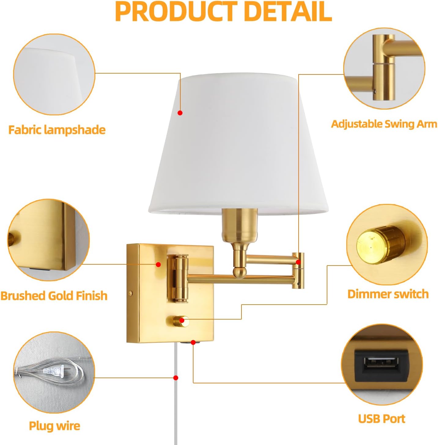 Bedside Wall Mount Light with Dimmable Switch, Swing Arm Fabric Shade Wall Sconce Light with USB Port and Plug in Cord
