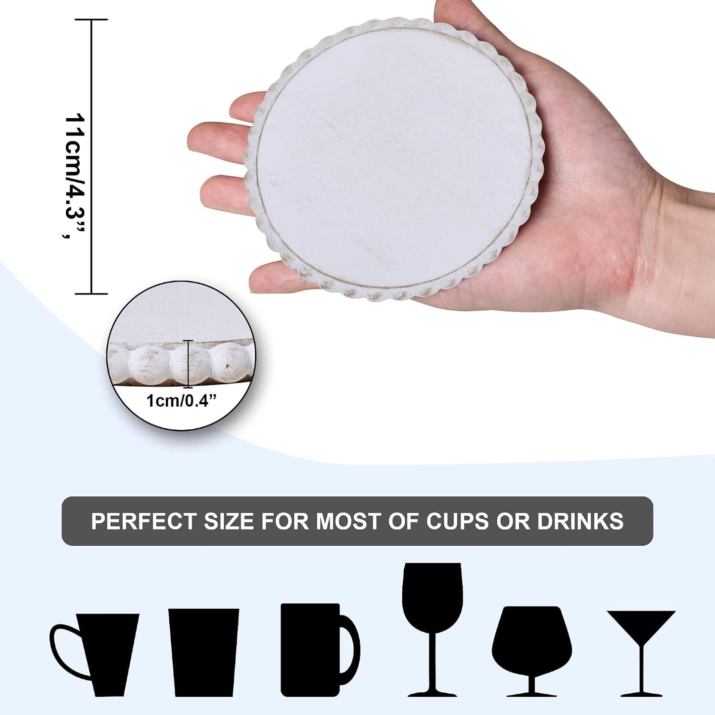 Metal Holder / GENMOUS Farmhouse Wooden Bead Coasters / White / Set of 6