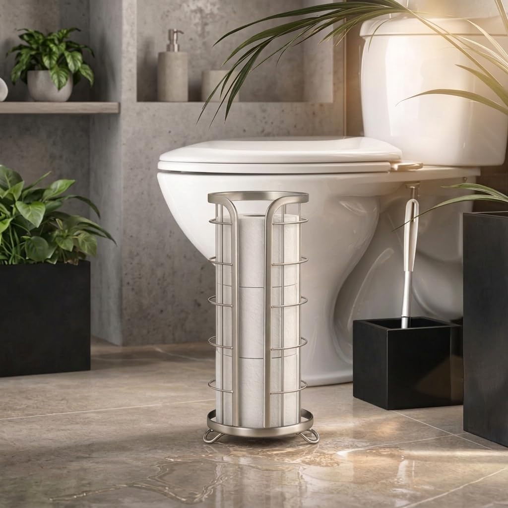 BROOKSTONE Toilet Paper Holder Stand Reserve - Free Standing Toilet Paper Stand with Storage that Holds Mega Rolls