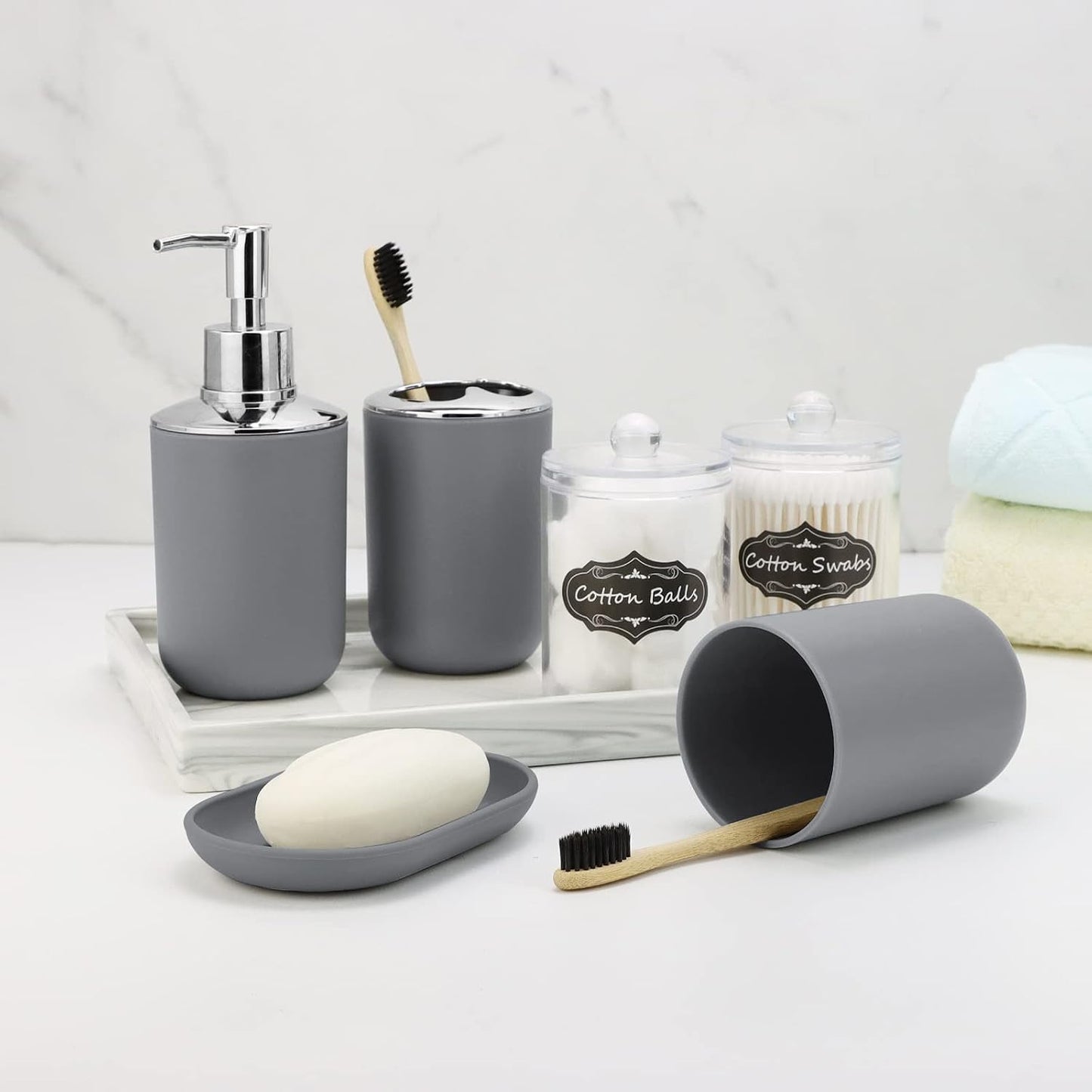 IMAVO Bathroom Accessories Set,Grey Bathroom Set,9 Pieces Bathroom Accessory Set,Tray,Qtip Holders,Toilet Brush,Trash