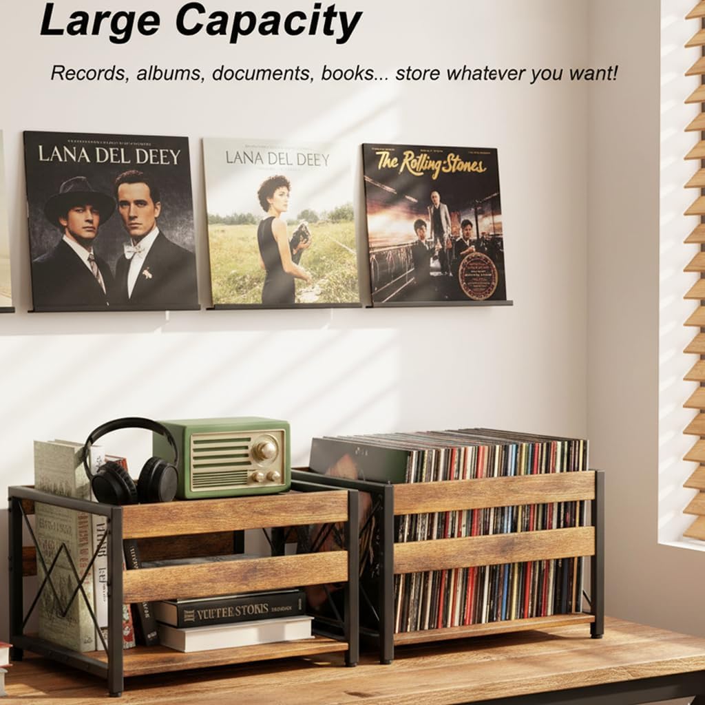 Y&M 2 Packs Vinyl Record Storage Crate, Wooden Storage Box, Classic Cube CD Albums Shelf Holder Organizer, Holds Up to