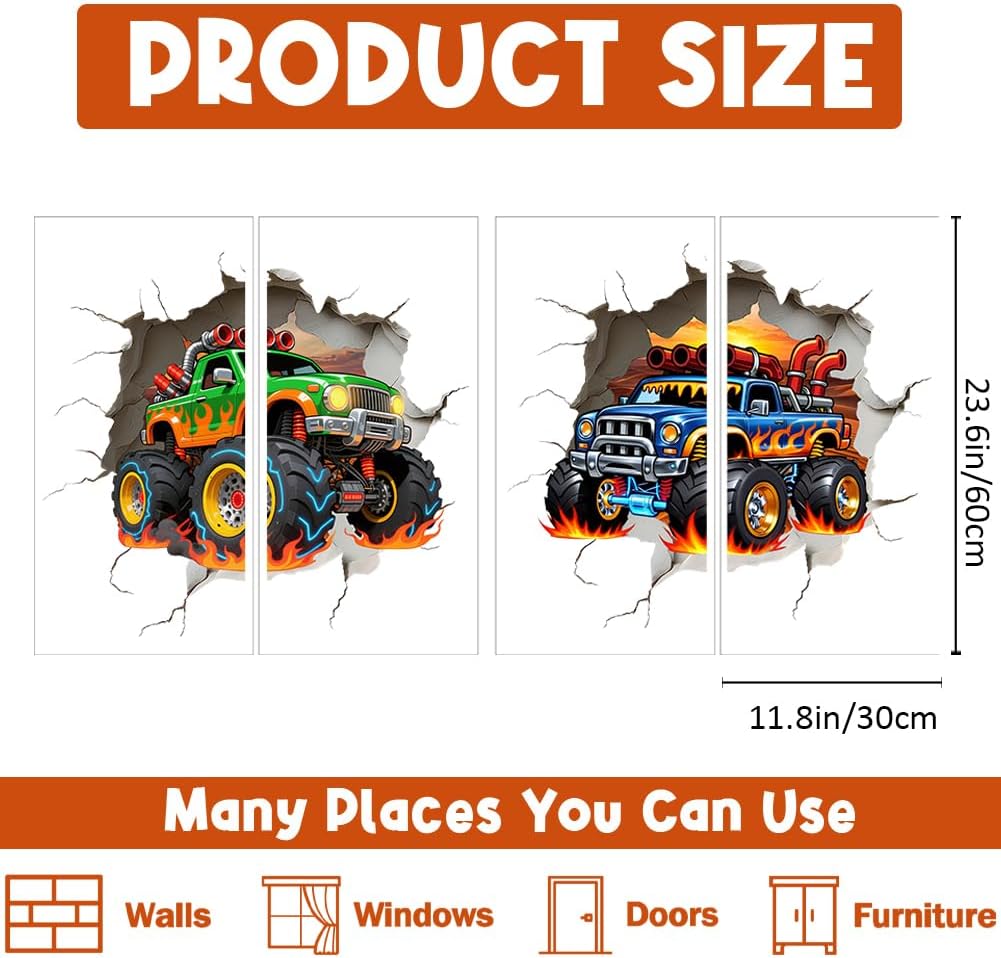 3D Racing Car Wall Decal Break Through Art Decor Sticker / Truck / 11.8 x 23.62 / Set of 4