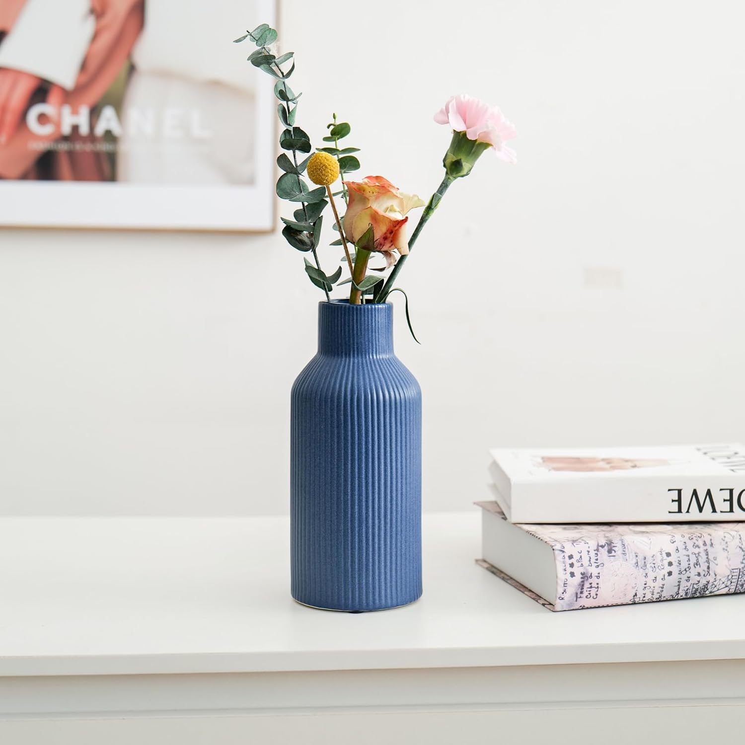 Bohemian Ceramic Vase / Blue / 8in
