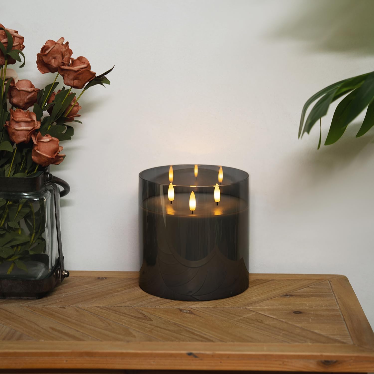 Homemory Grey Large Glass Flameless LED Candle, 3 Wicks, Remote Timer | 6"x6", real wax, battery operated flickering