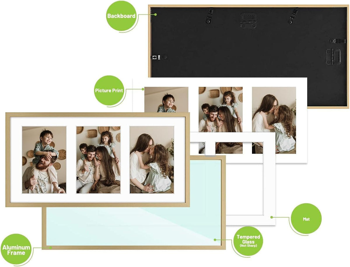 Golden State Art 7x14 Collage Frame w/Mat for 3 4x6 Photos Gold 3 Pack | Aluminum Picture Frame with Real Glass Front