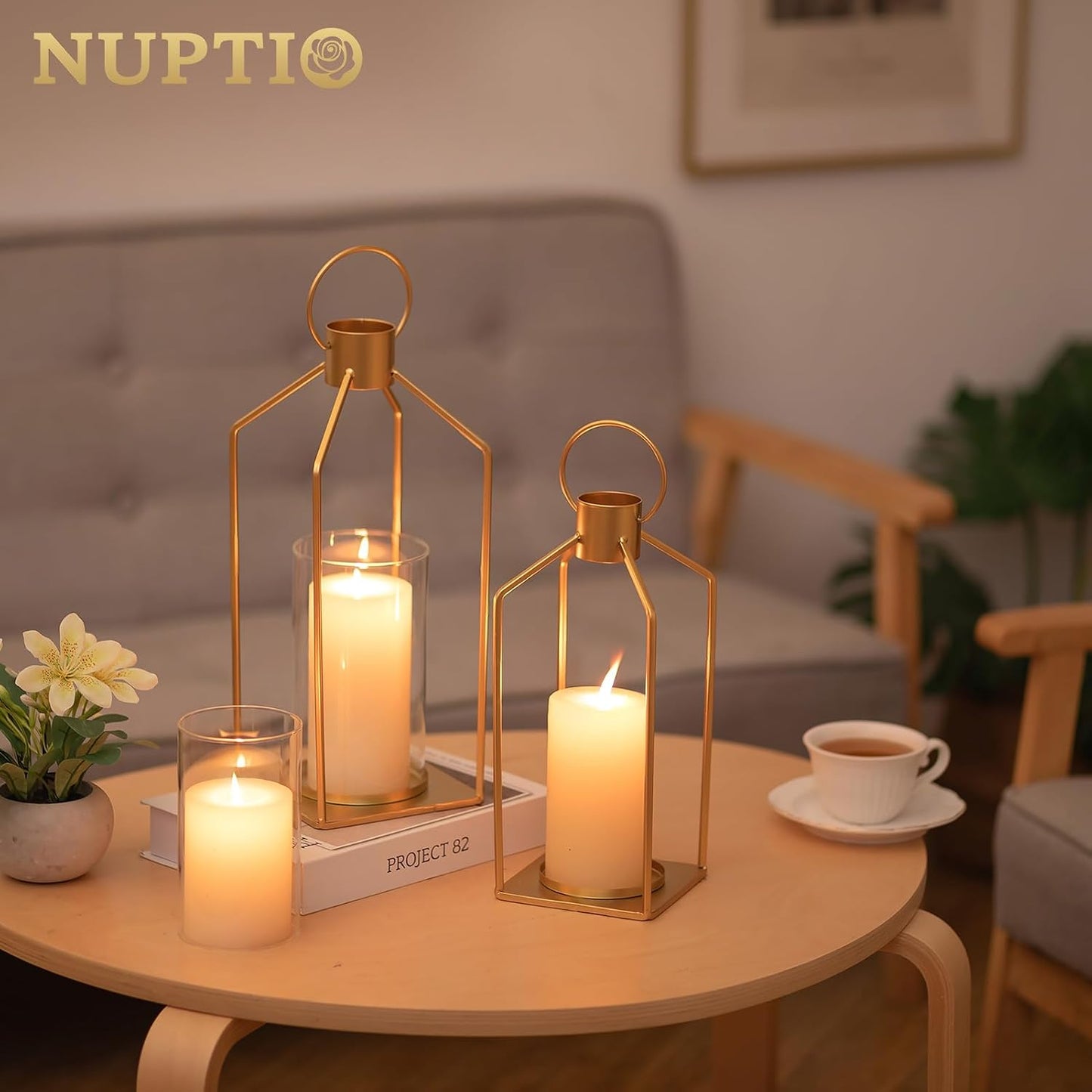 NUPTIO Gold Lanterns Decorative Indoor: Hanging Candle Lantern for Pillars | Hurricane Glass Lantern Set of 2for