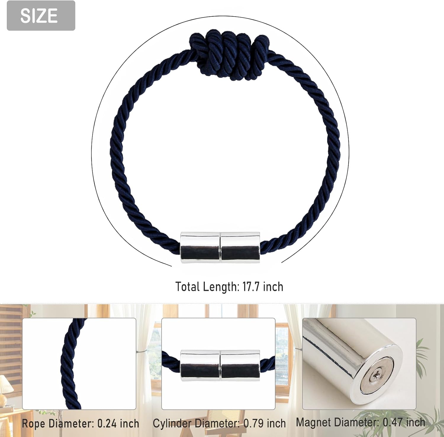 Curtain Tiebacks Magnetic Decorative Rope Tie Backs Holdbacks Contoeey | 8 Pack Navy Modern Elegant Window Treatment