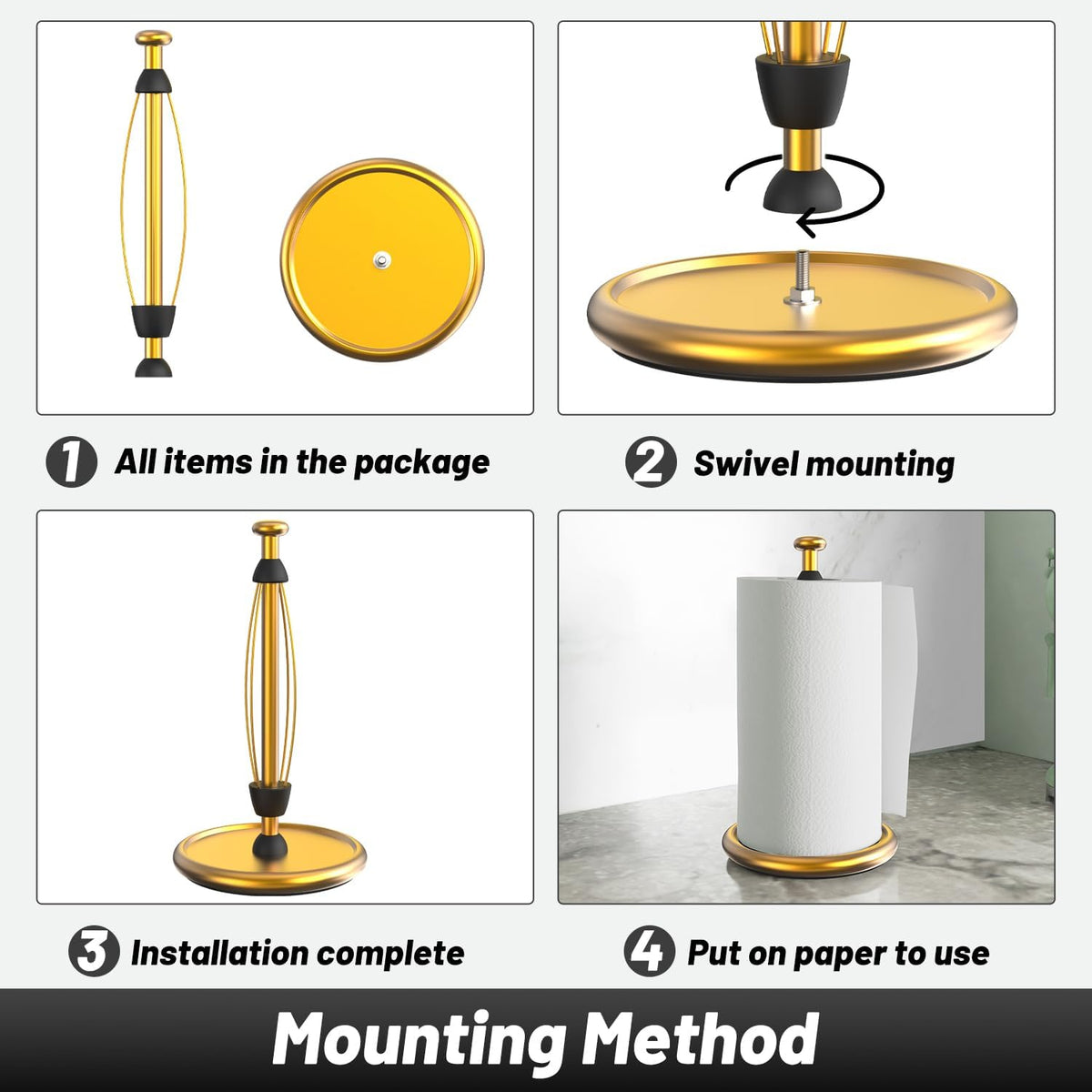 VEHHE Paper Towel Holder Countertop with Weighted Base, One-Hand Tear | Freestanding Design | Brushed Gold Finish