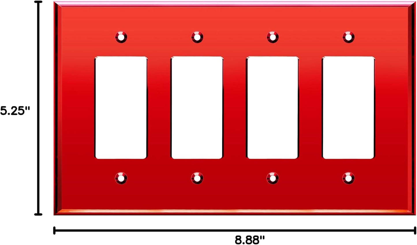 LIDER Reflective Decorator Wall Plate, Oversized 4-Gang, Mirror Glass Red | Mirrored Light Switch Plate, Plexiglass