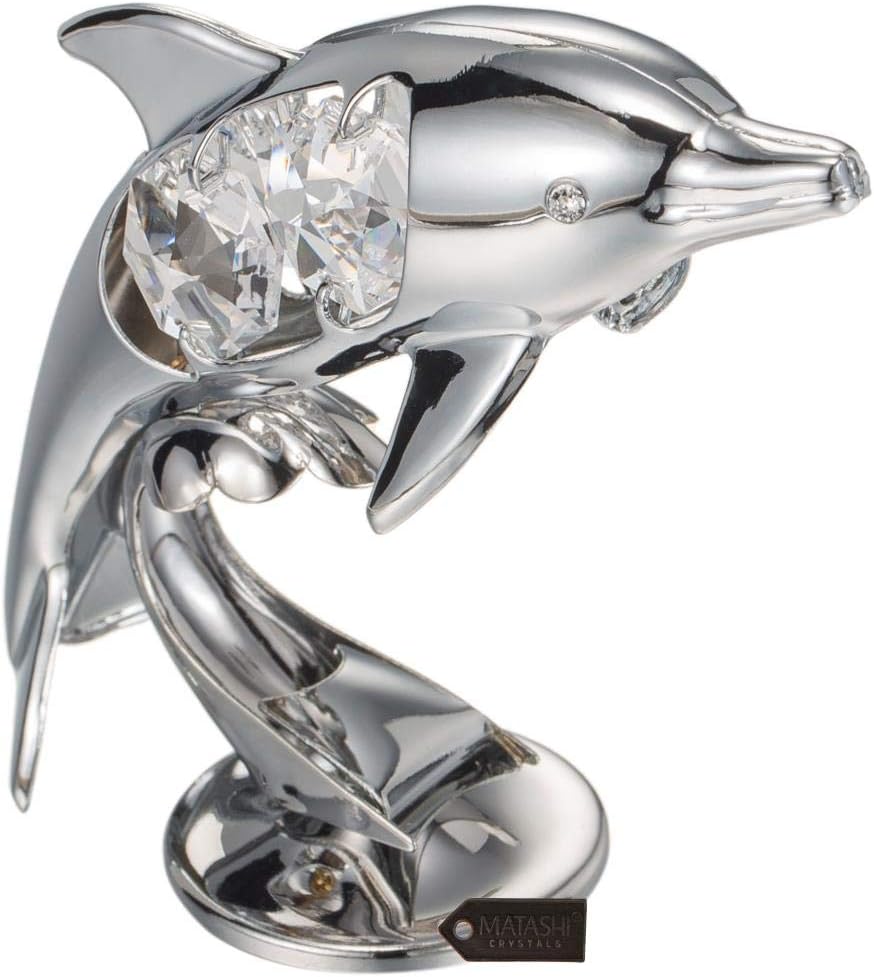 Chrome Plated Crystal Studded Dolphin Riding Wave Figurine Tabletop Ornament Decorative / Silver