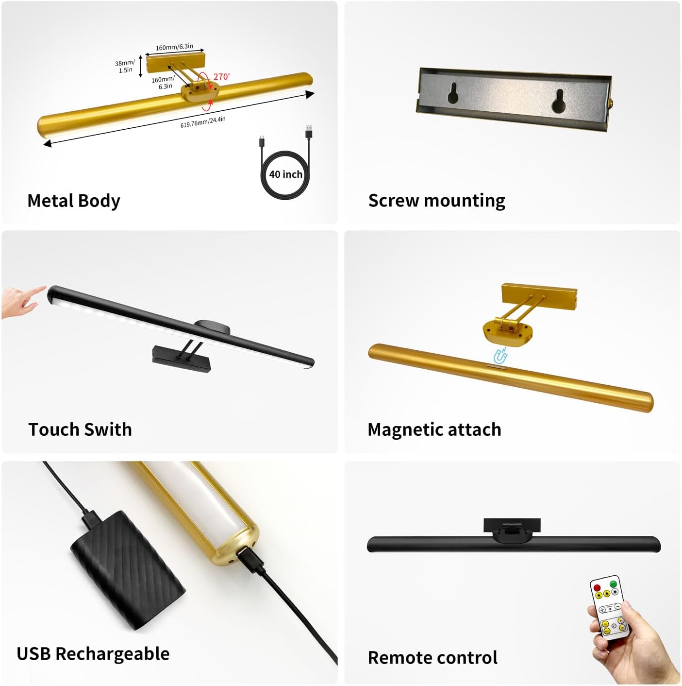 MQOUO 24.4" Wireless Picture Lights, Rechargeable Battery Art Display Light with Remote Control, Dimmable/Timer Off