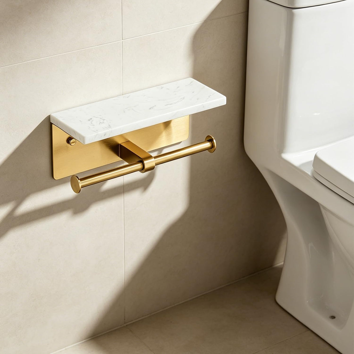 Brushed Gold Toilet Paper Holder Wall Mount, NEWRAIN Rustproof Commercial Double Toilet Tissue Holder with Marble Phone