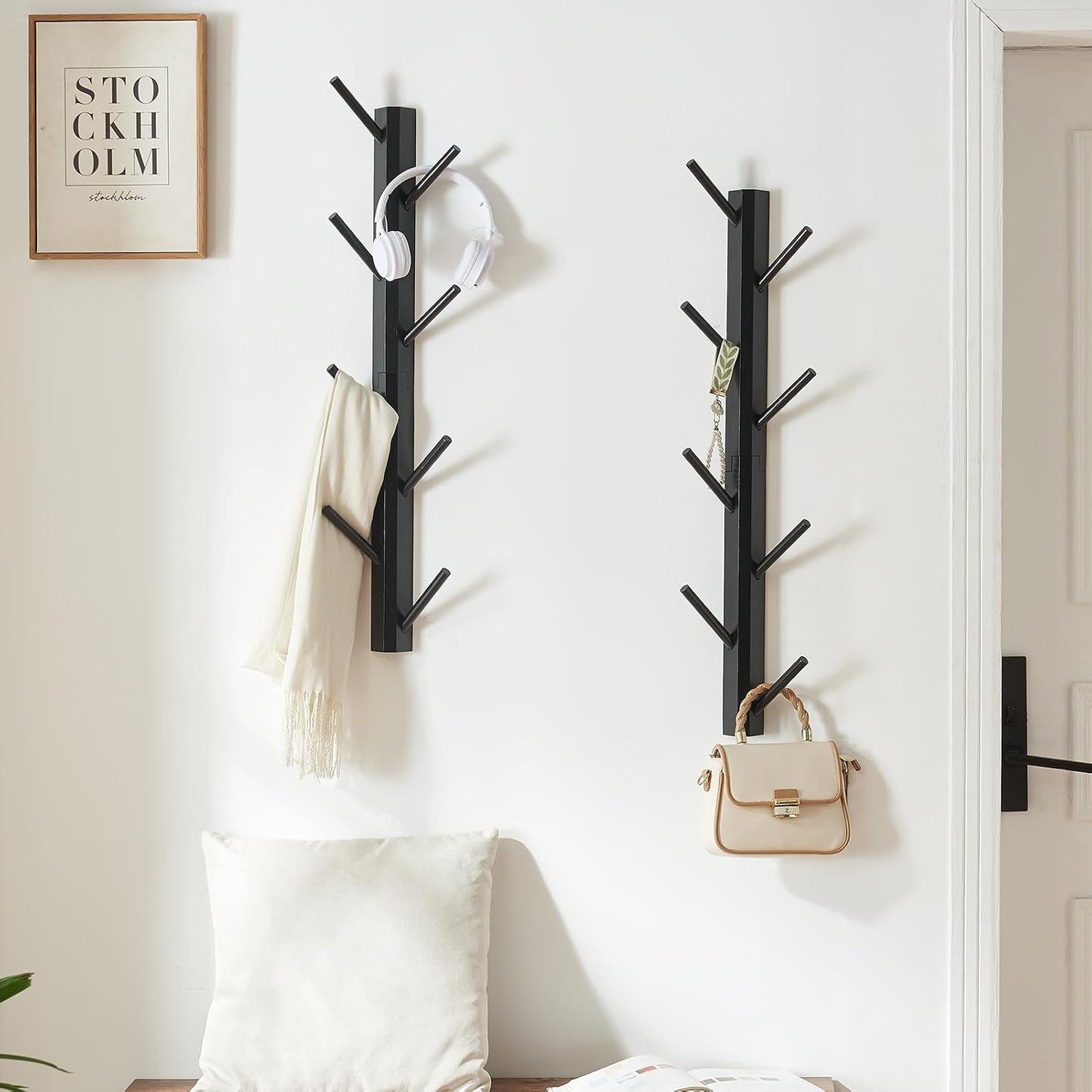 2-Pack Vertical Wall Mount Coat Rack for Clothes and Hats, Black | Bamboo construction, 16 polished hooks, max 50 lbs