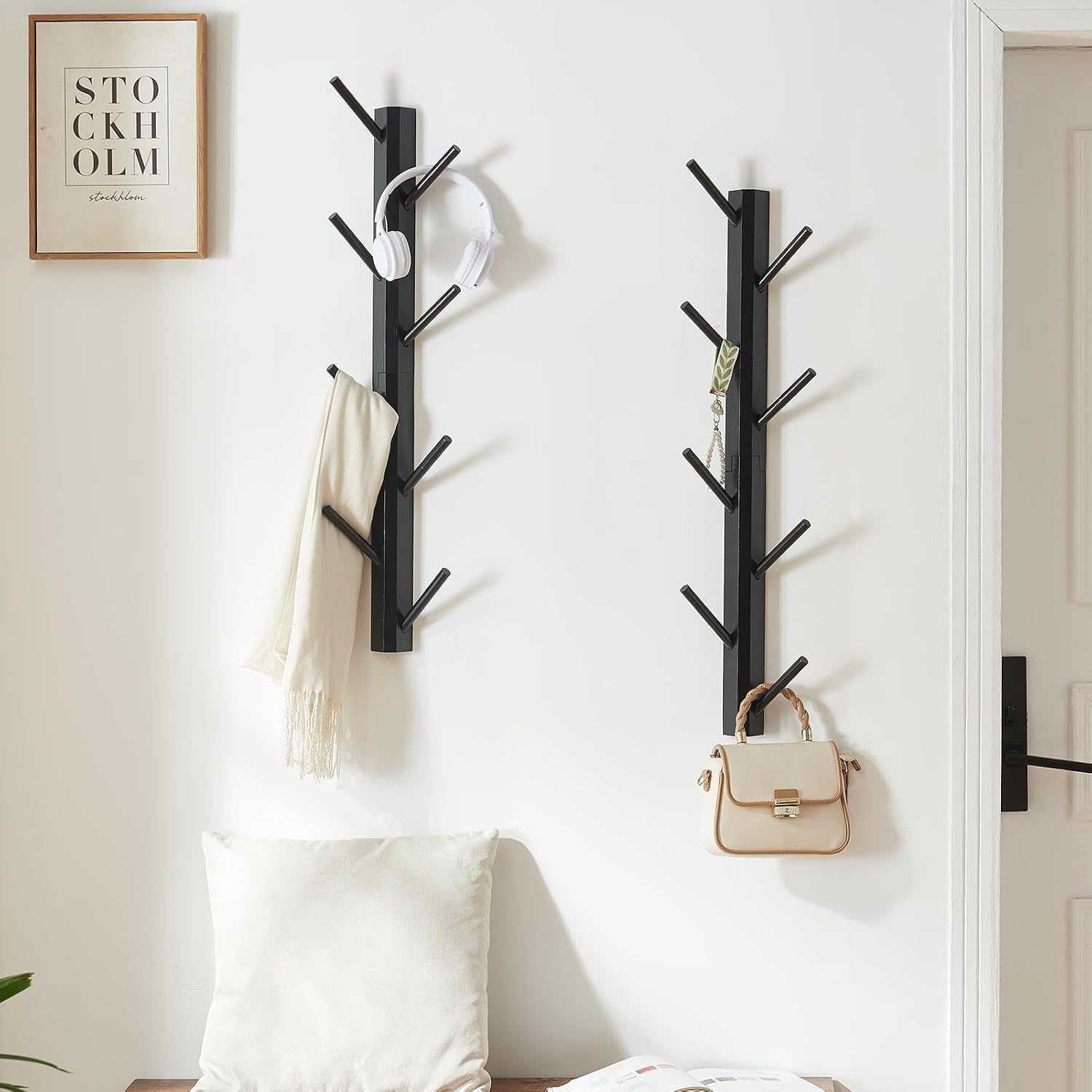 2-Pack Vertical Wall Mount Coat Rack for Clothes and Hats, Black | Bamboo construction, 16 polished hooks, max 50 lbs