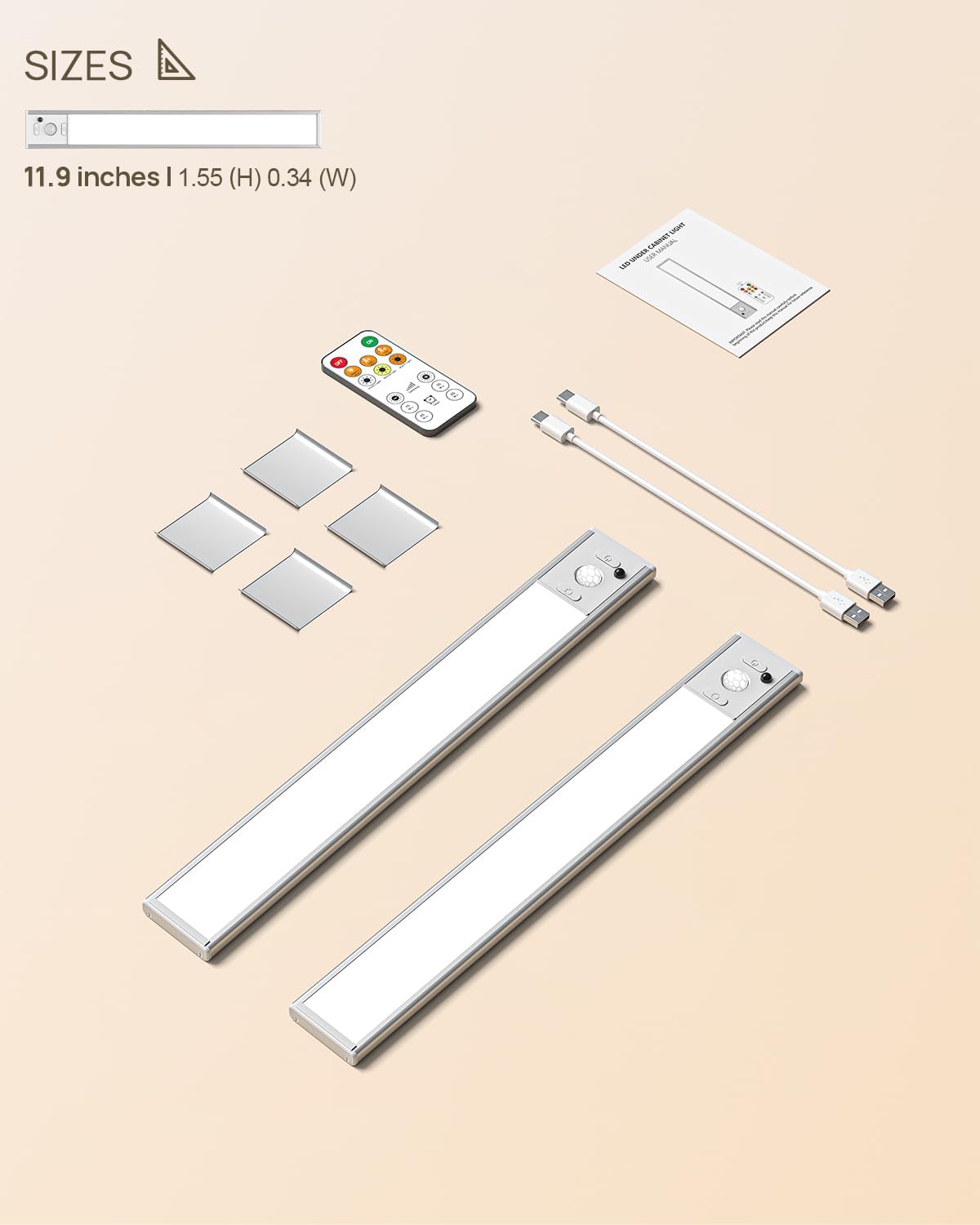 12" Under Cabinet Lights Wireless, Motion Sensor Light Indoor with Remote, LED Rechargeable Closet Light, 3 Color