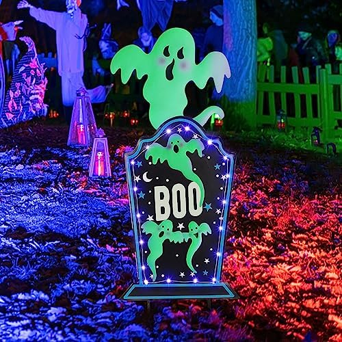 Joliyoou Halloween Yard Stake, 26.4" Solar Lighted Metal Tombstone