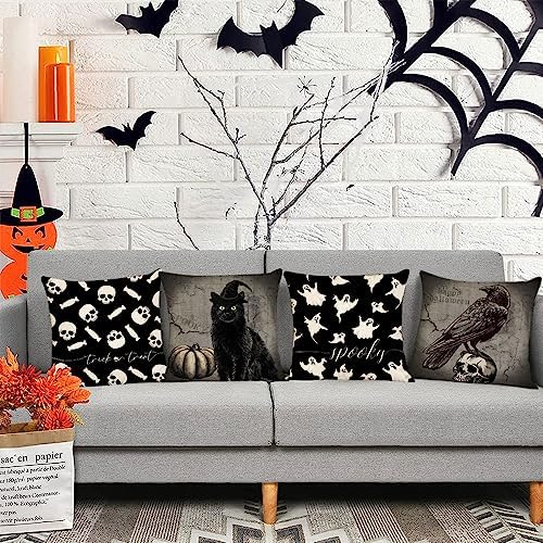 YeeJu Set of 4 Halloween Pillow Covers 20x20 Inch Spooky Skull Ghost Decor Throw Pillow Covers Black Cat Crow Halloween Cushion Covers Linen Pillow Cases for Home Outdoor Sofa Couch (20 by 20)
