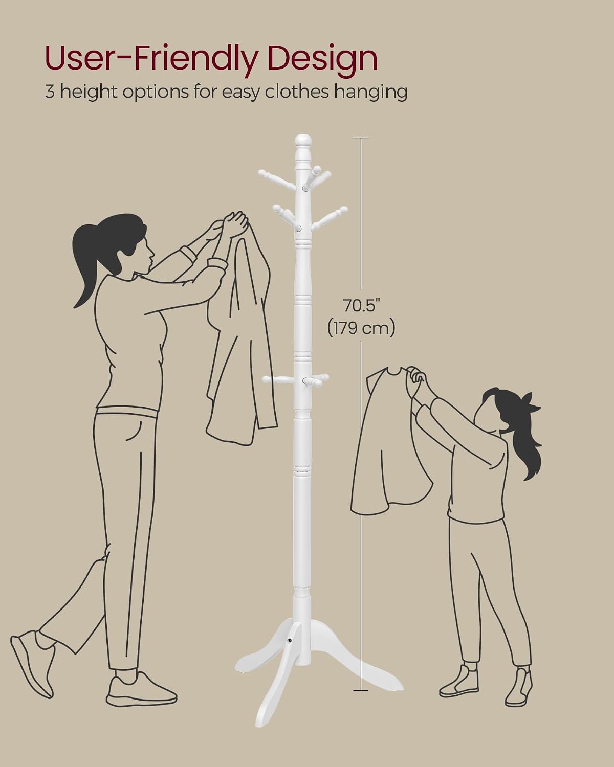 VASAGLE Solid Wood Coat Rack and Stand, Free Standing Hall Coat Tree with 10 Hooks for Hats, Bags, Purses, for