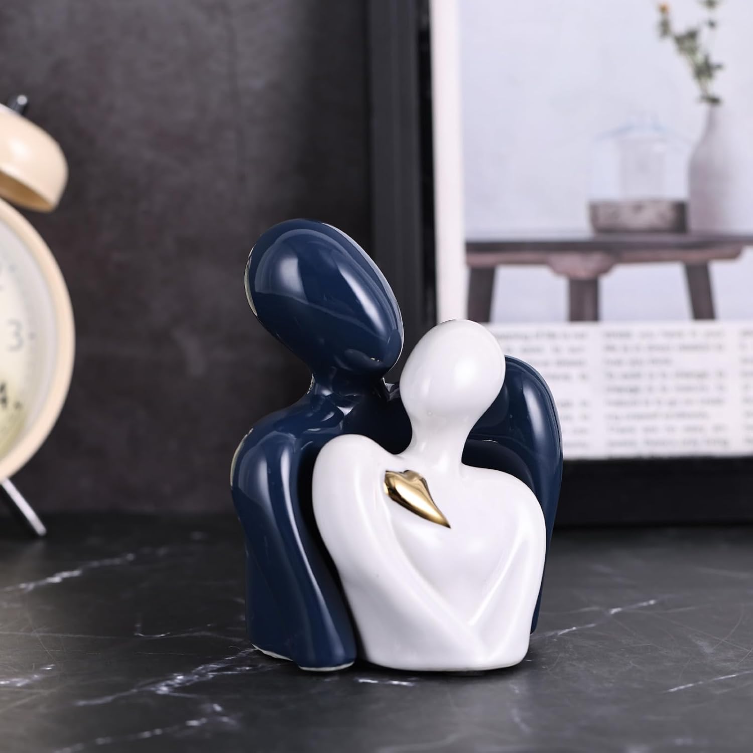 Mini Couple Ceramic Small Statue / Blue White and Gold