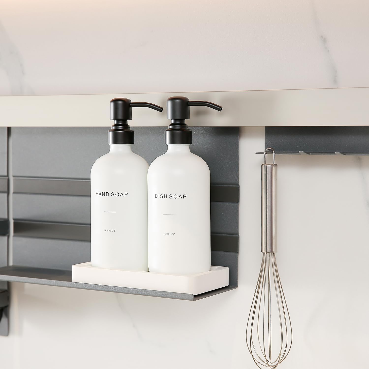 Prus Waso Kitchen Soap Dispenser Set, White Soap Dispenser with Black Stainless Steel Pump, Perfect for Modern Kitchen