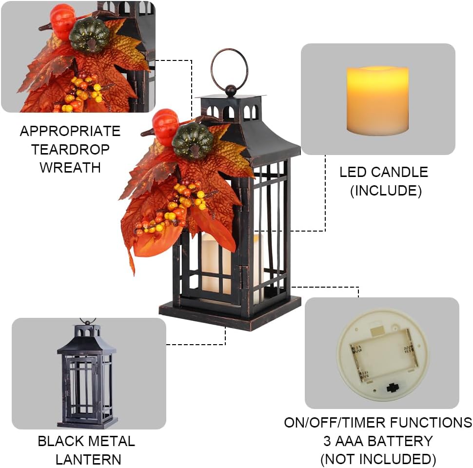 Set of 2 Fall LED Candle Lantern Decorative Indoor & Outdoor, 11" Fall Hanging Lanterns with LED Candles, Metal Outdoor