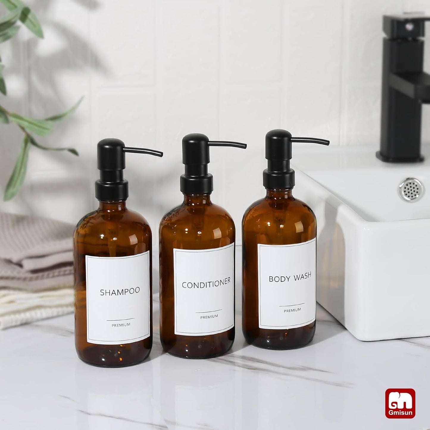 GMISUN Shampoo and Conditioner Dispenser, 3 Pack Amber Glass Bathroom Shampoo Conditioner Body Wash Dispenser with Pump