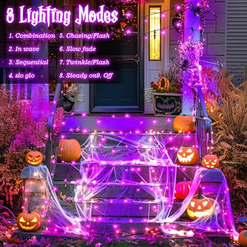 Purple Lights Halloween Lights String Total 100LED Battery Operated Outdoor 8 Modes with Timer 16.4Ft*2, 50LED*2 Waterproof Indoor for Halloween Decor, Purple, 2-Pack