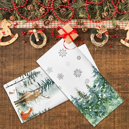 Winter Decor Deer Green Tree Snow Christmas Kitchen Towels,16x24 Inches Set of 2,Tea Towels Dish Towels Hand Towels for Home Kitchen Farmhouse Bathroom Decor.(027)