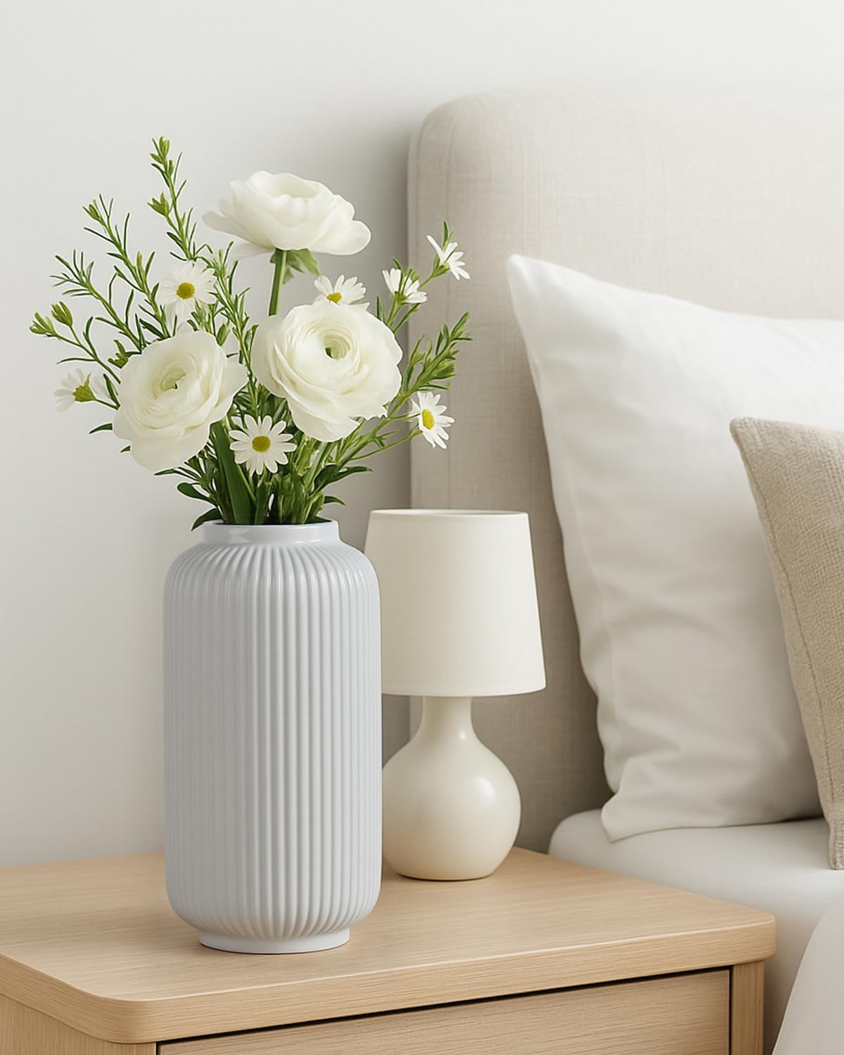 Ceramic Vase / Modern Wide Mouth Decorative Vase / White02 / White / 8 Inch