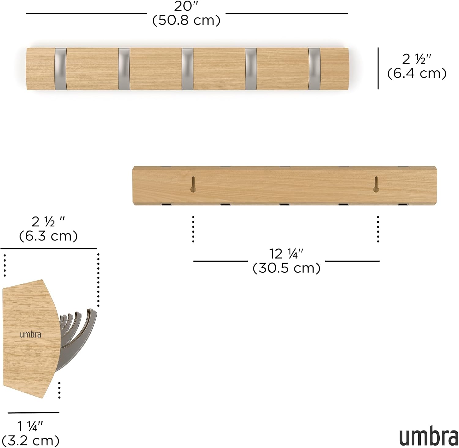 Umbra Flip 5 Wall Mounted Hook | Real wood and steel build, retractable hooks fold flat, holds coats bags and scarves
