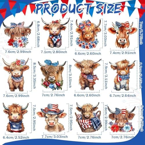 12 Pcs 4th of July Patriotic Wood Ornaments Hanging Decoration 250th Anniversary Tree Ornaments with Cute Cartoon Highland Cattle Designs for Independence Day Home Tree Decorations