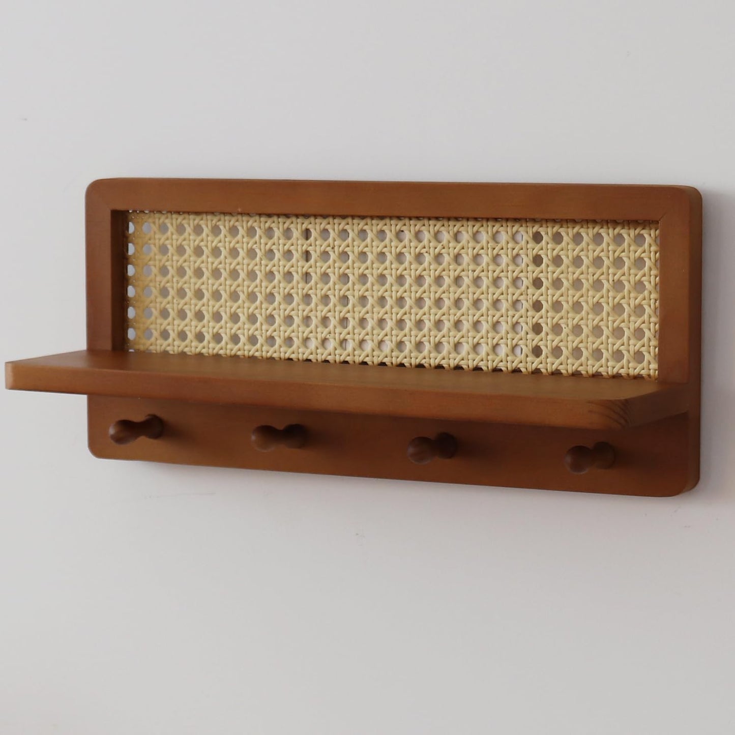 PE Rattan Coat Rack Shelf Wall Mounted with 4 Hooks, Decorative Coat Hook Rack with Floating Shelf for Entryway