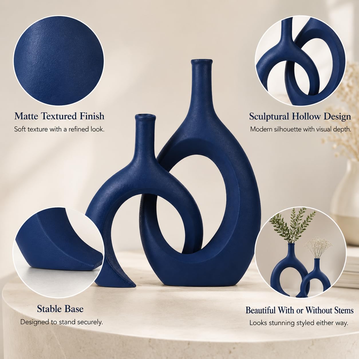 Modern Snuggle and Huging Style Ceramic Vase for Pampas Grass / Blue / Set of 2
