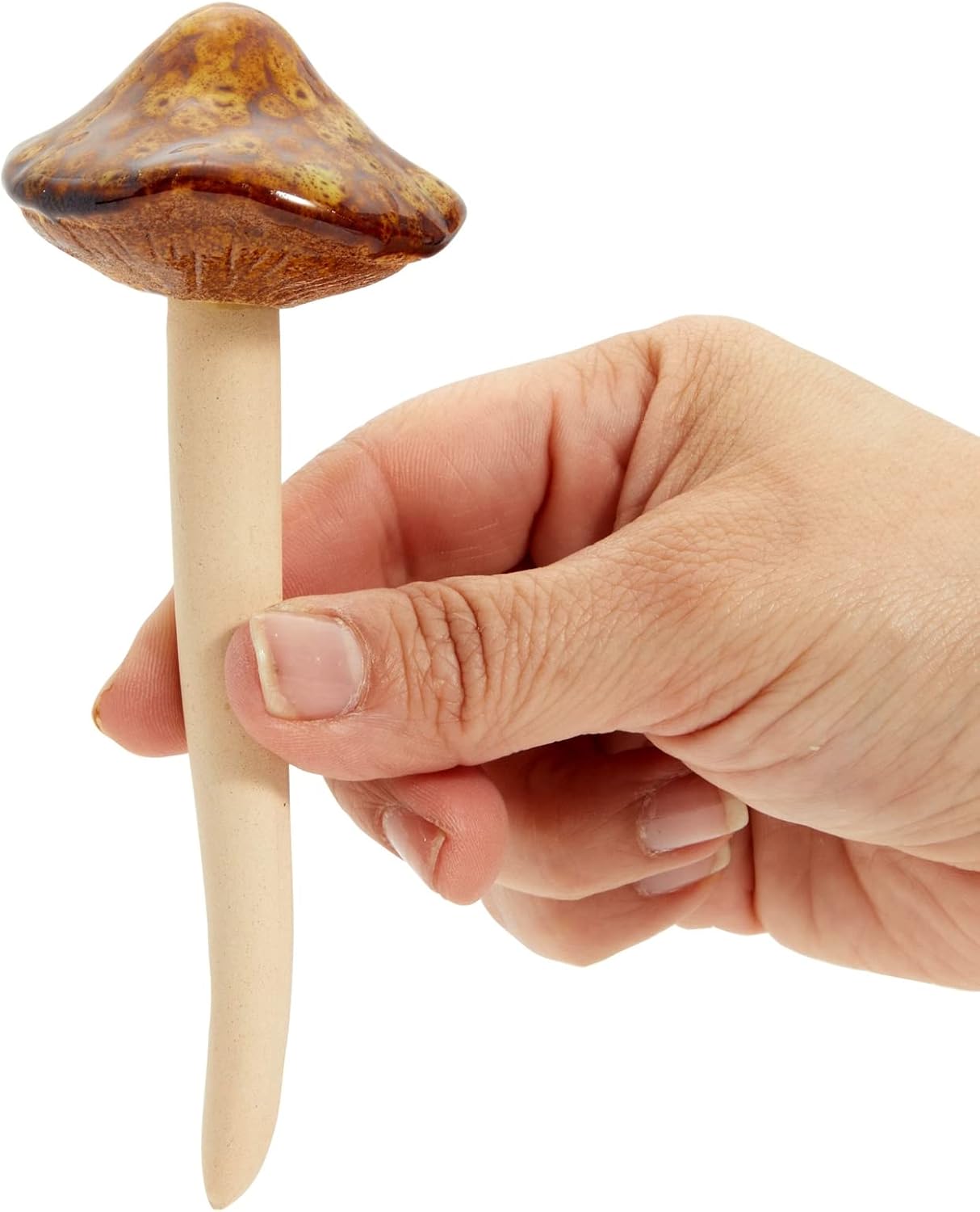 Ceramic Outdoor Mushrooms Plant Stakes / Brown / 5 Inch / Set of 4