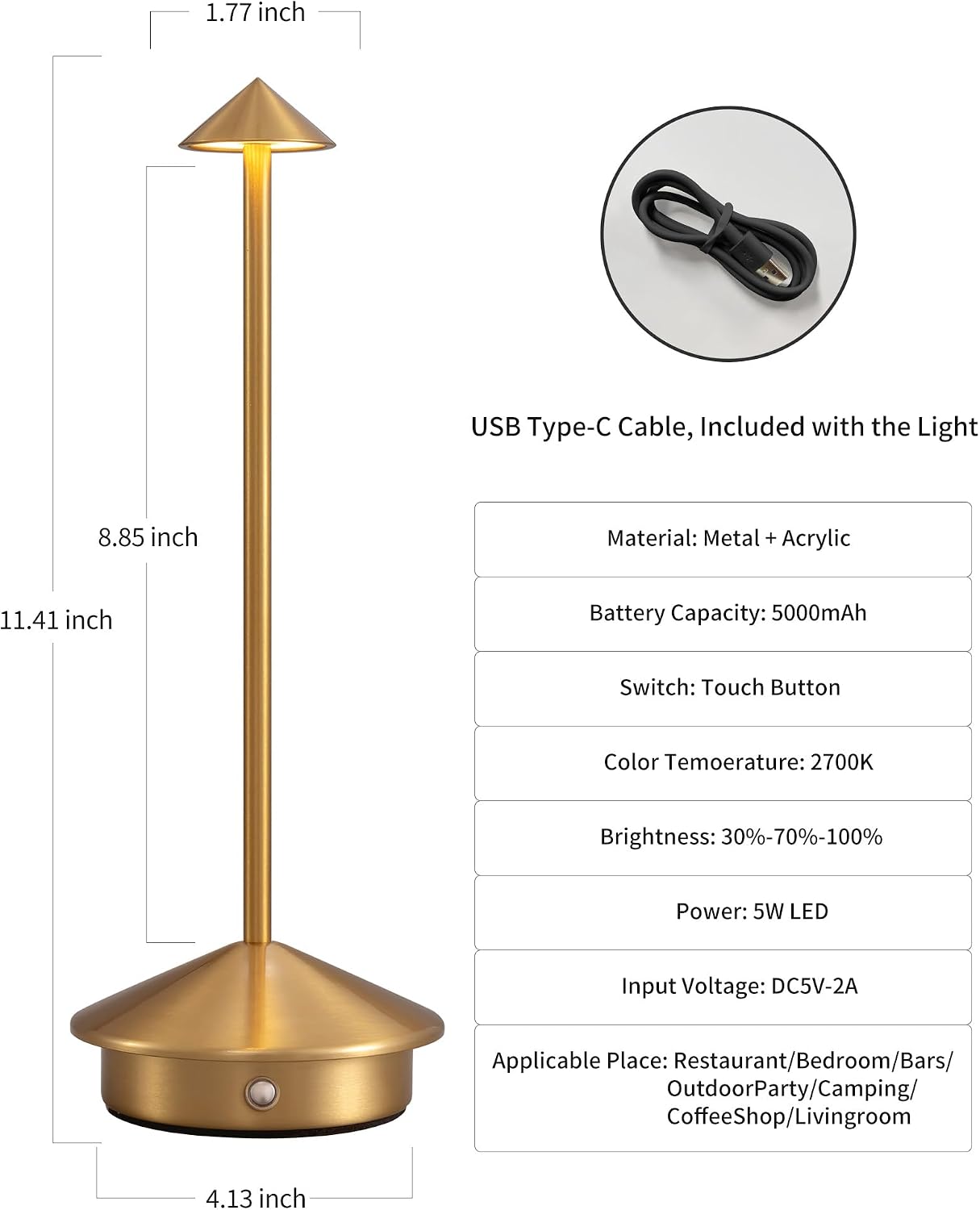 Modern Cordless Table Lamp Set of 2, Gold Portable LED Desk Lamps | 5000mAh, Rechargeable, Battery Operated Lighting