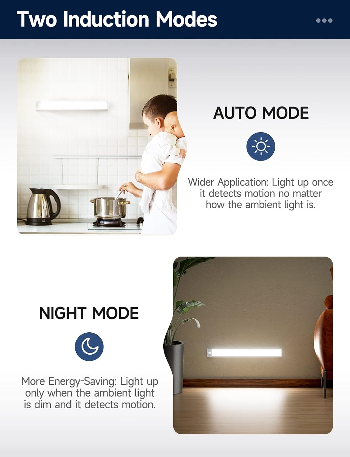 YIGER 2 Packs Under Cabinet Lights, 2000mAh Rechargeable 62 LED White Lighting, Wireless Motion Sensor Light Indoor,4