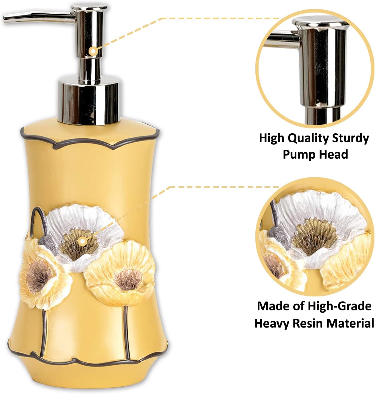 Zahari Home 4pc Poppy Fields Yellow Bathroom Accessories Set Hand Soap Dispenser, Tumbler, Tooth Brush Holder and Soap