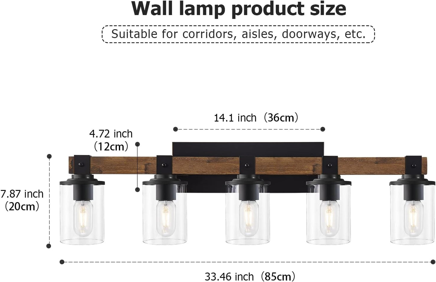 DUJAHMLAND Farmhouse Vanity Lights, 5-Light Wood Bathroom Wall Lighting with Clear Glass, Industrial Metal Wall Sconce