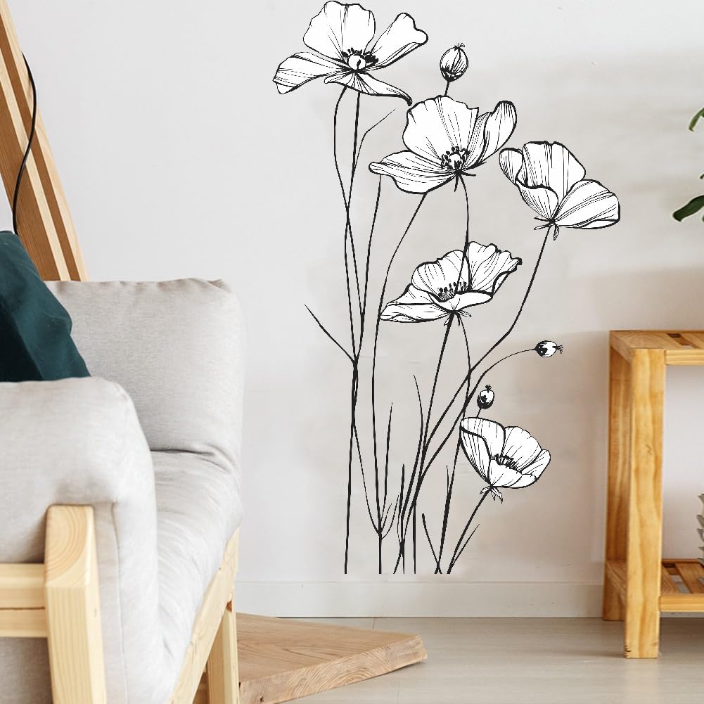 White Poppy Flower Wall Decal Minimalist Sketch Botanical Wall Art PVC Peel Stick Wall / B / Black