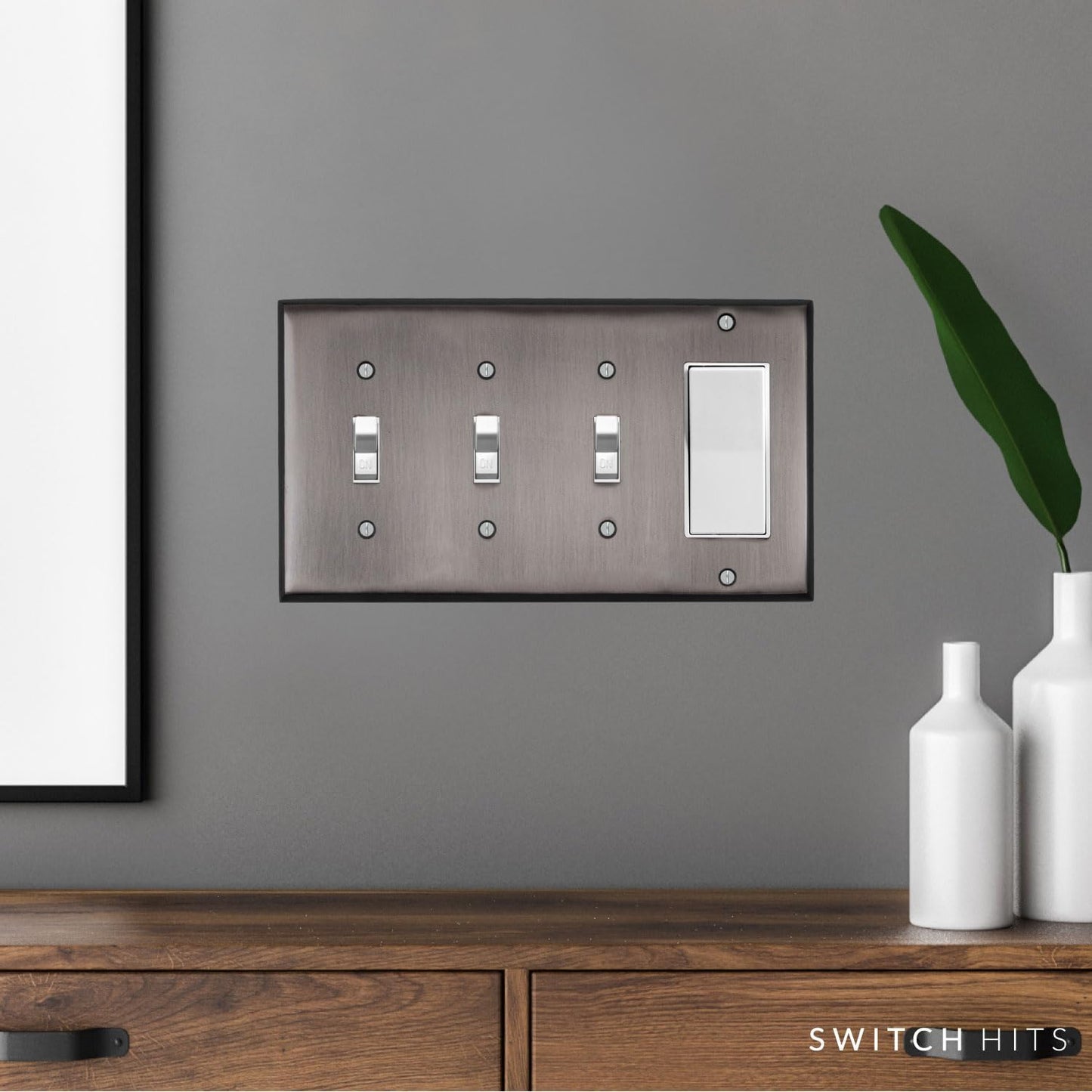 Antique Pewter Outlet Wall Plate | 3 Toggle - 1 GFI Rocker | 8.25" x 4.5" | Hand-Polished Brass Construction