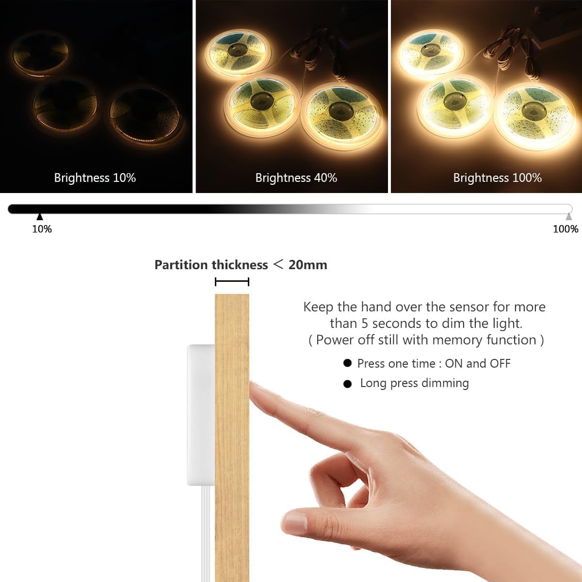 Cabinet Light COB LED Strip Lights 6-in-1 Dimmable Touch Control | for Display Cabinets, Wardrobes, Kitchen, Wine