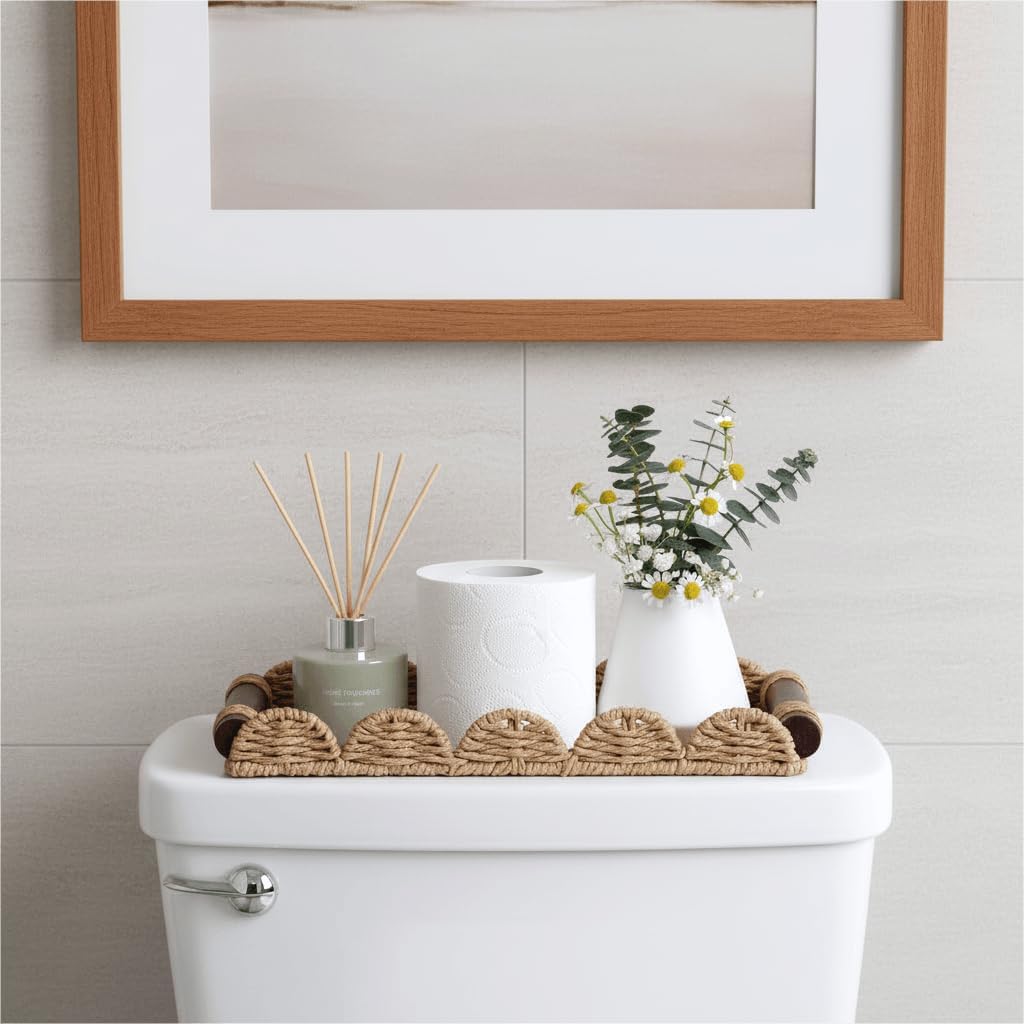 Scalloped Decorative Tray w/Wood Handle for Counter / Neutral / 13 x 6.3 x 1.6