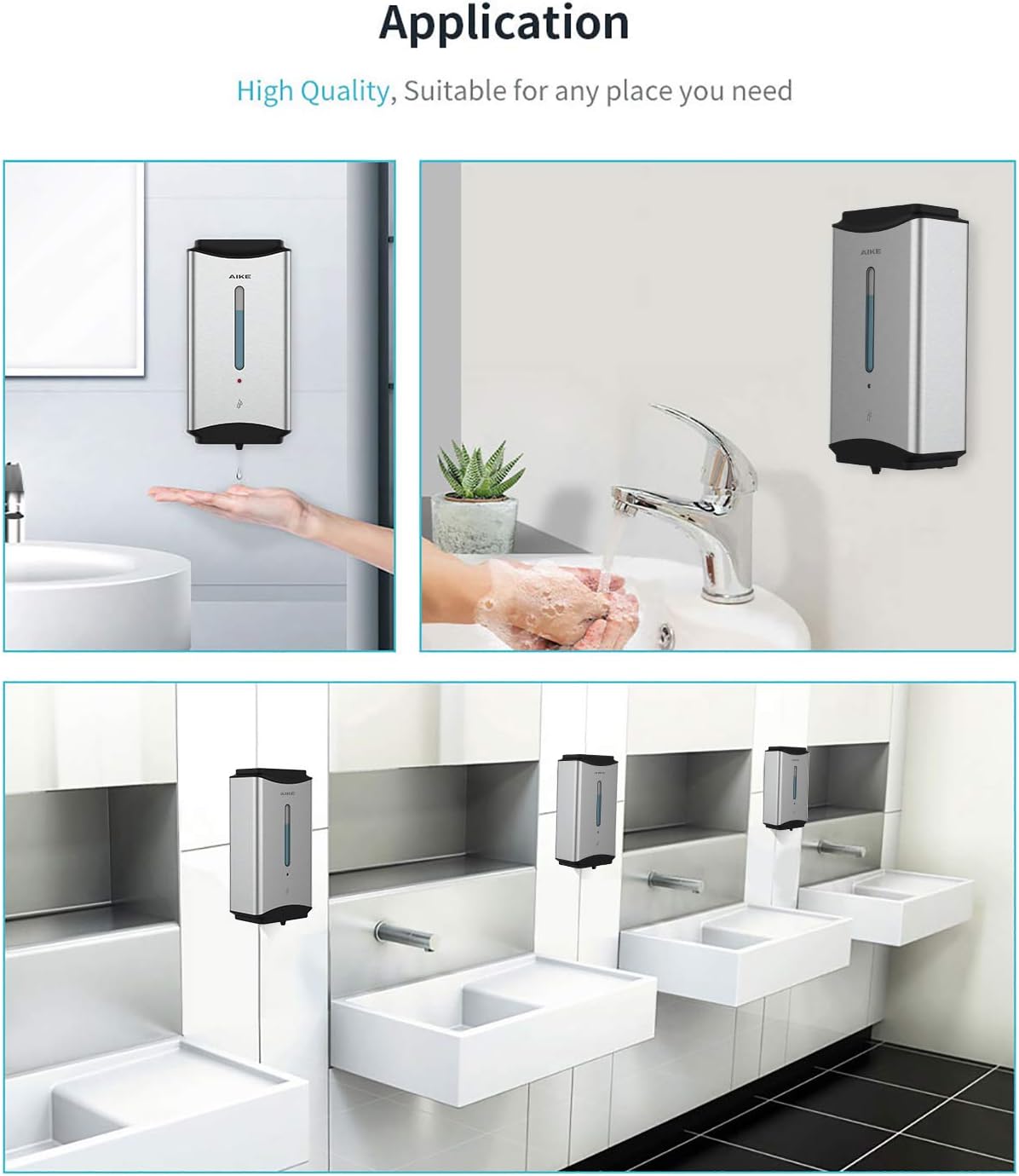 AIKE Heavy Duty Automatic Soap Dispenser,37oz for Bathroom,Brushed Steel | 5-Level and Savety Key for Commercial(4*AA