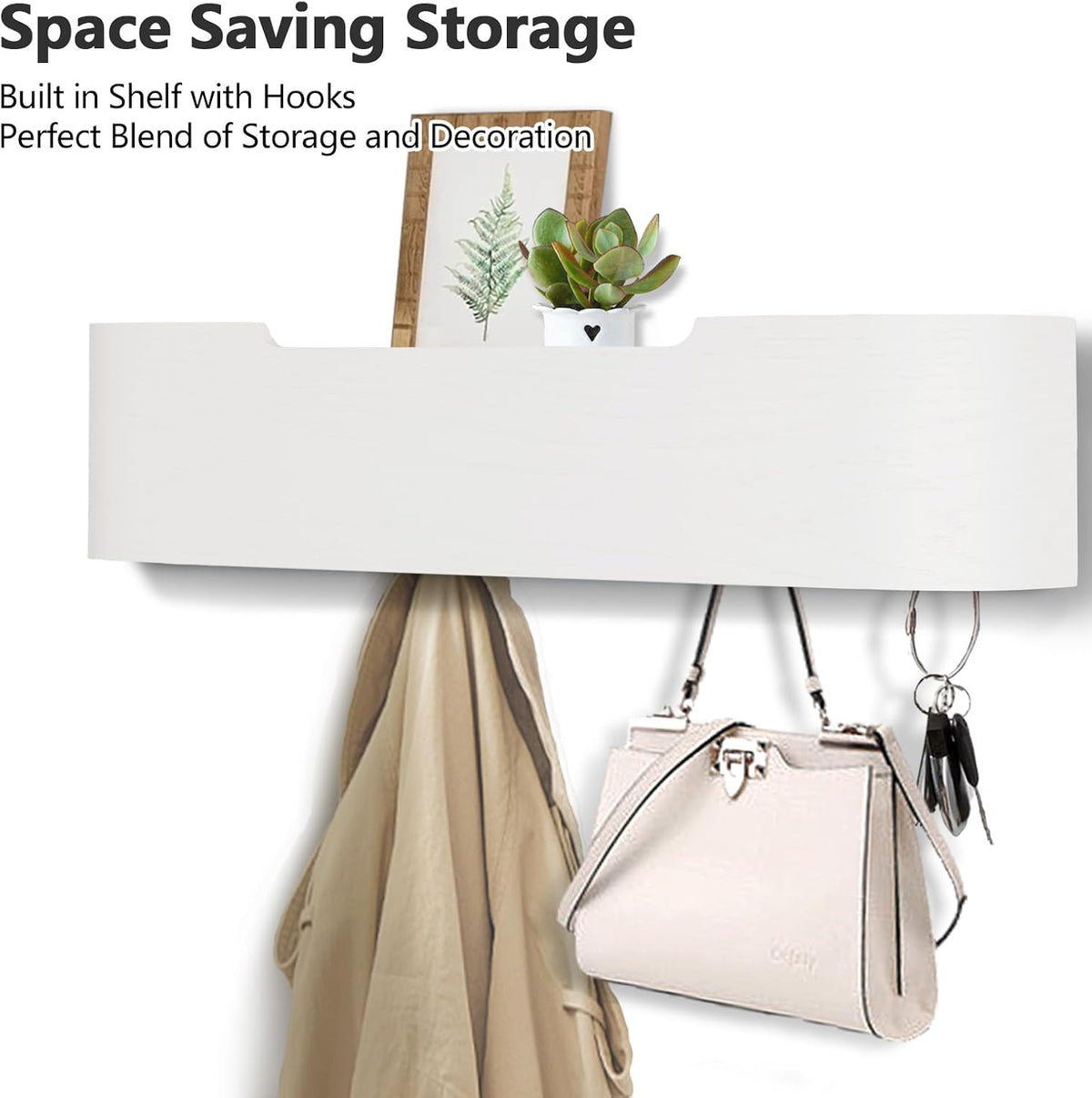 Coat Rack Wall Mount with Hidden Hooks Modern Key Holder Wood Entryway Hook with Shelf for Bedroom Kitchen Hallway