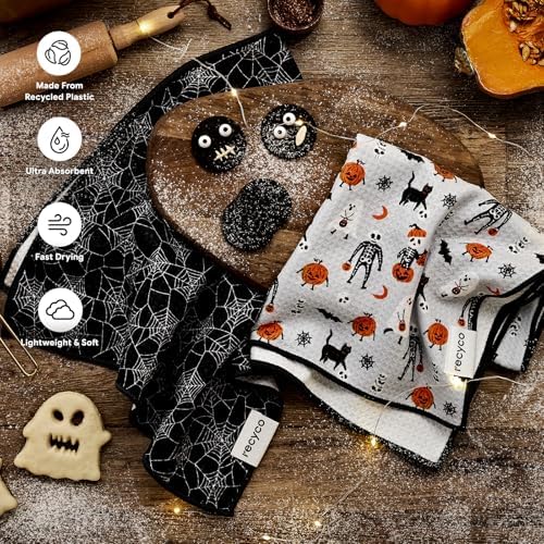RECYCO Halloween Waffle Kitchen Towel Set of 2 - Quick Dry Microfiber Sustainable Dish Towels - Absorbent Reusable Cleaning Tea Towels - Lightweight Hand Towels,16”x 28”, Spooky Soiree