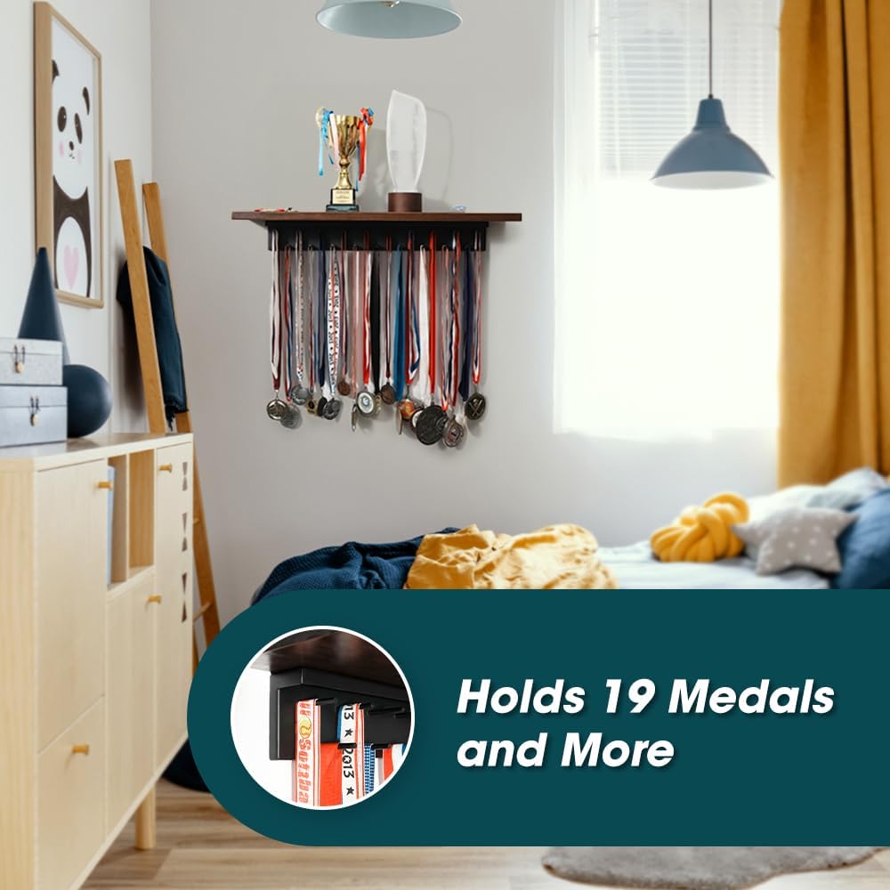 J JACKCUBE DESIGN Medal Display Hanger and Trophy Shelf with 39 Hooks, Wall Mounted Marathon Race Sports Gymnastics