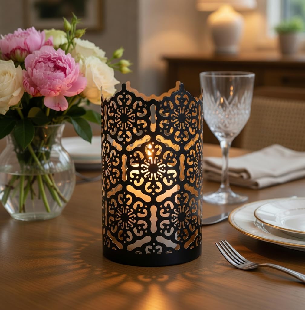 Hosley's Set of 2 Flower 7" High Cut Bronze Candle Holder & Lantern. Ideal for Use with Hosley Highly Scented Candles