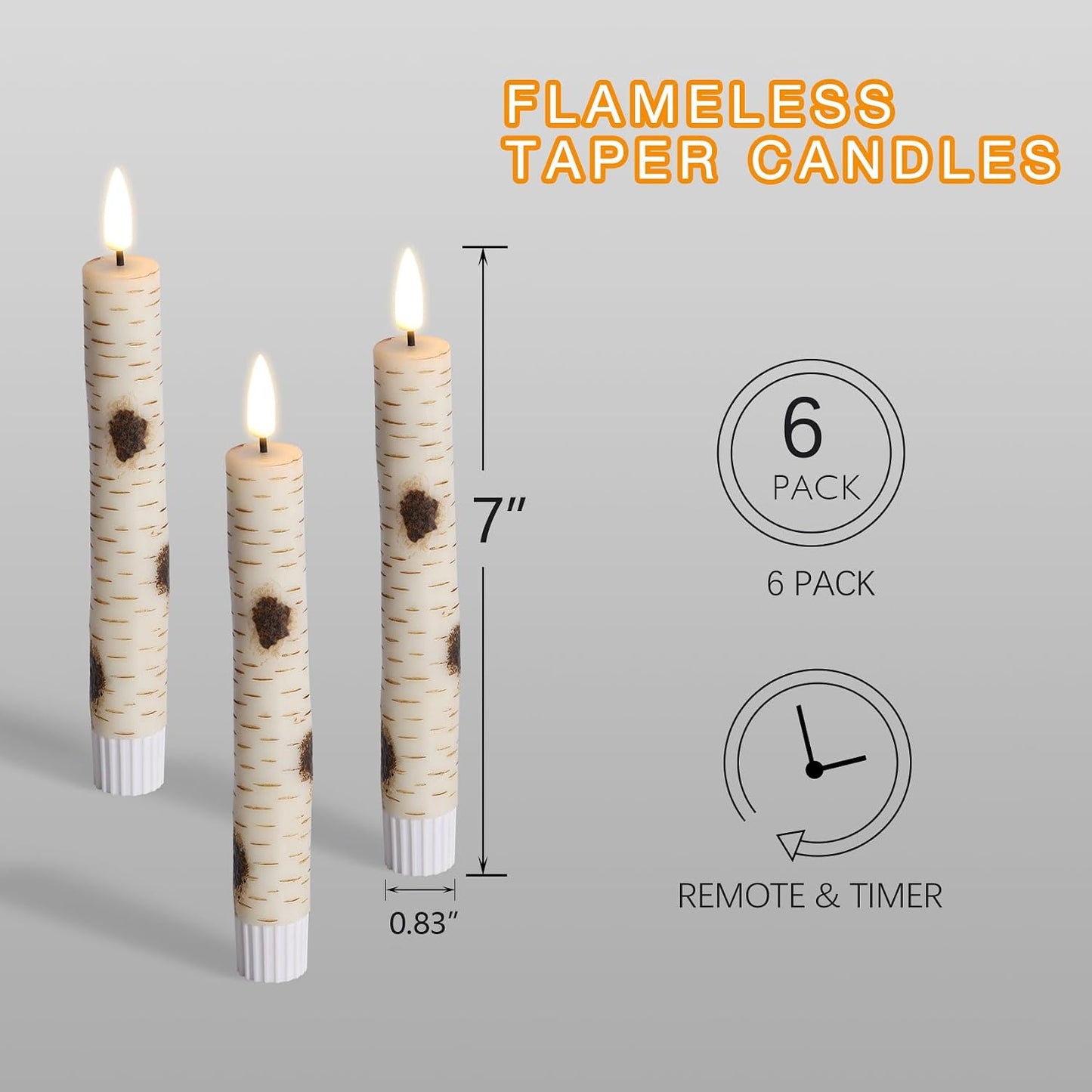 Short Birch Bark Flameless Taper Candles with Remote Set of 6 | Flickering Wood LED Candlesticks, Real Wax Coating, 2