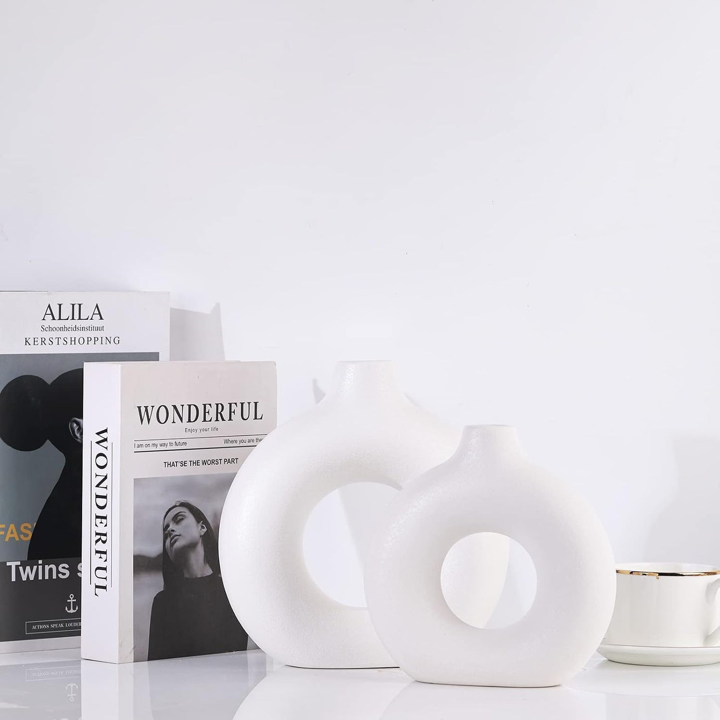 Ceramics Vase / Minimalist Nordic Hollow Donut Vase / White / Set of 2