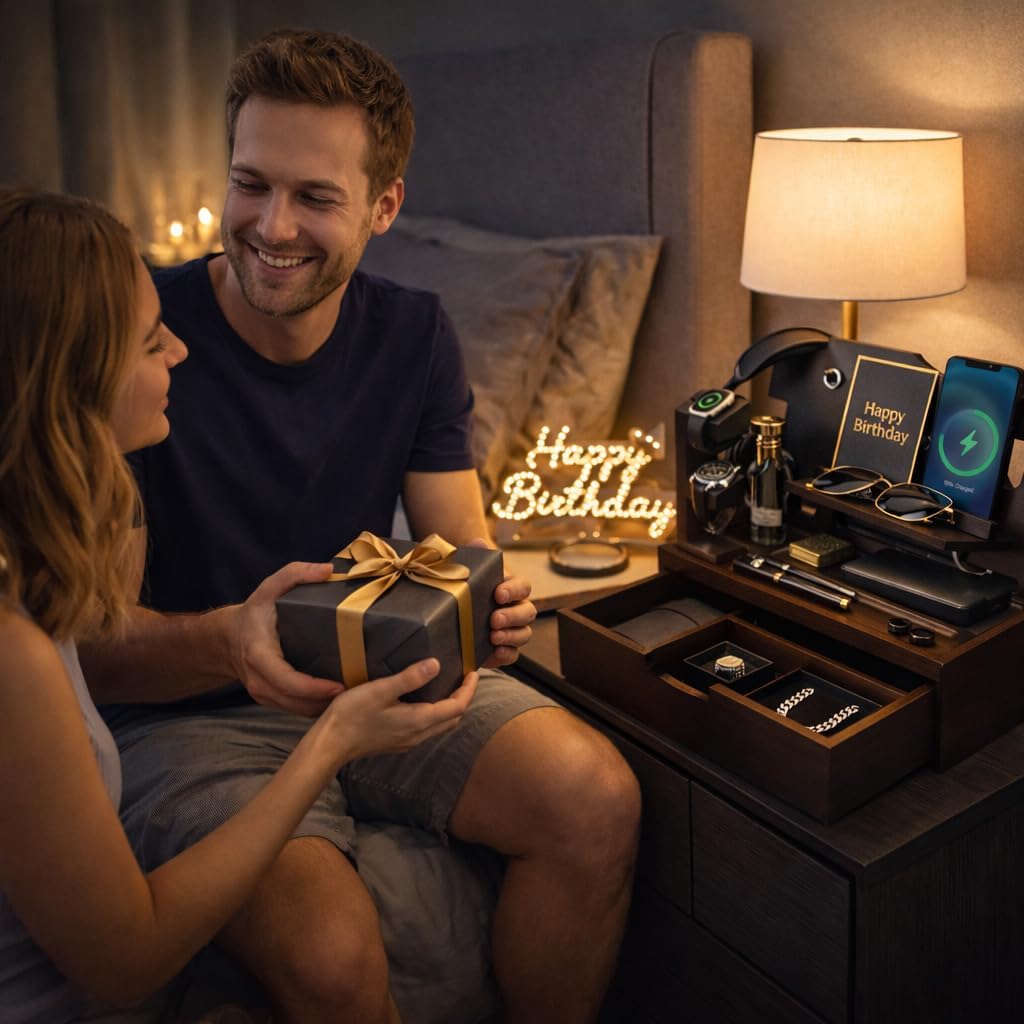 Nightstand Organizer for Men with Large Drawer, Wood Phone Docking Station for Phone, Apple Watch, Wallet & Keys, Ideal